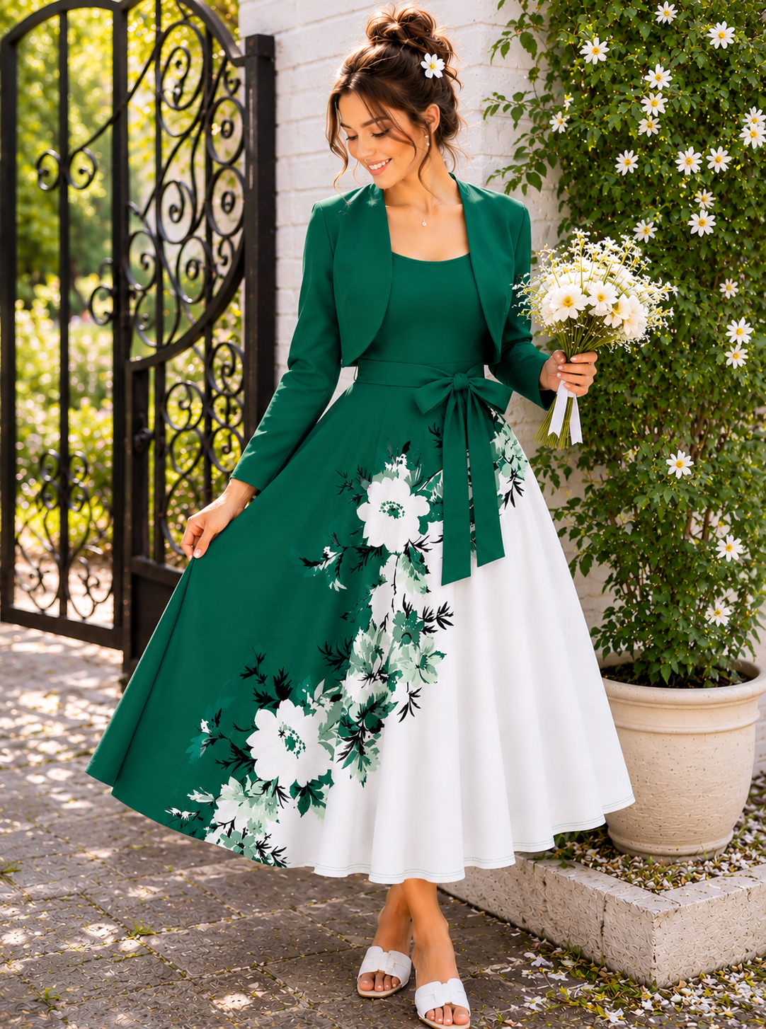 Elara Elegant 2-Piece Women’s Royal Green Cardigan Jacket & Floral Suspender Dress Set