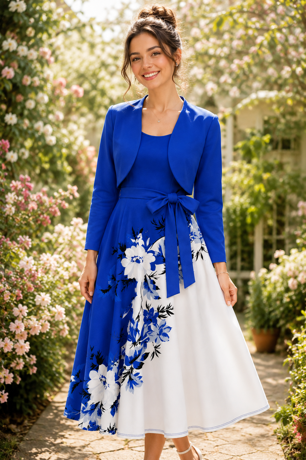 Elara Elegant 2-Piece Women’s Royal Blue Cardigan Jacket & Floral Suspender Dress Set