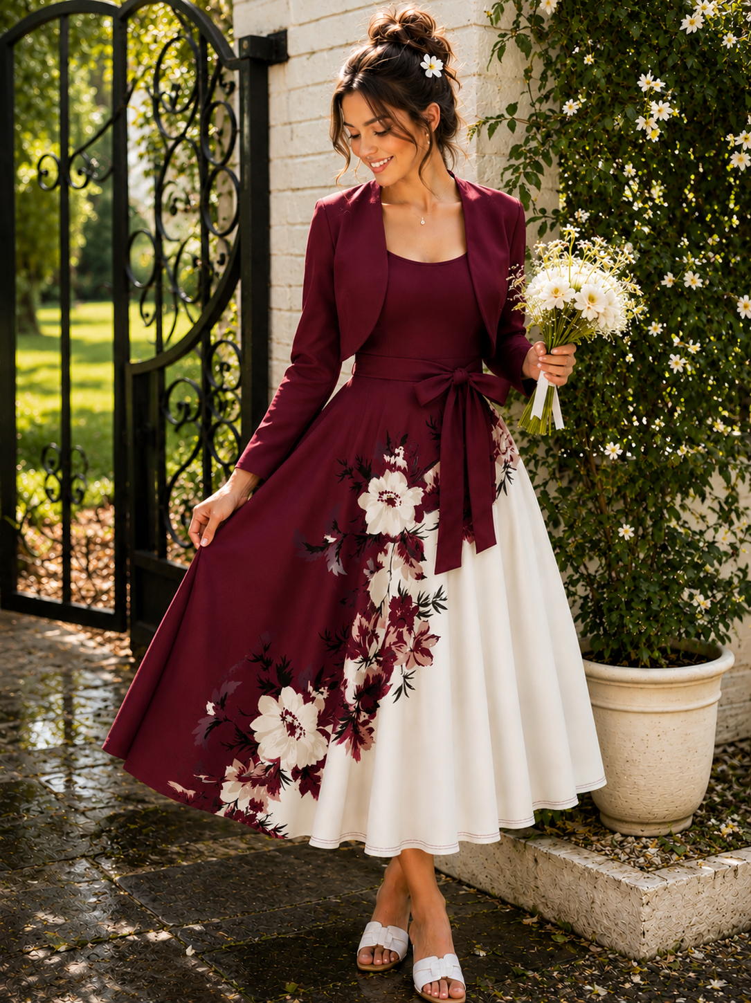 Elara Elegant 2-Piece Women’s Maroon Cardigan Jacket & Floral Suspender Dress Set