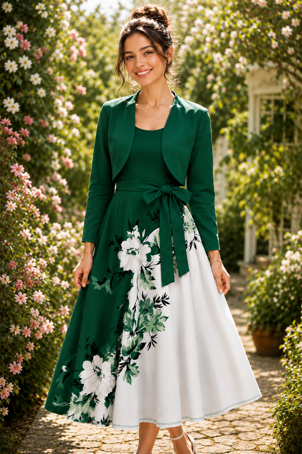 Elara Elegant 2-Piece Women’s Royal Green Cardigan Jacket & Floral Suspender Dress Set