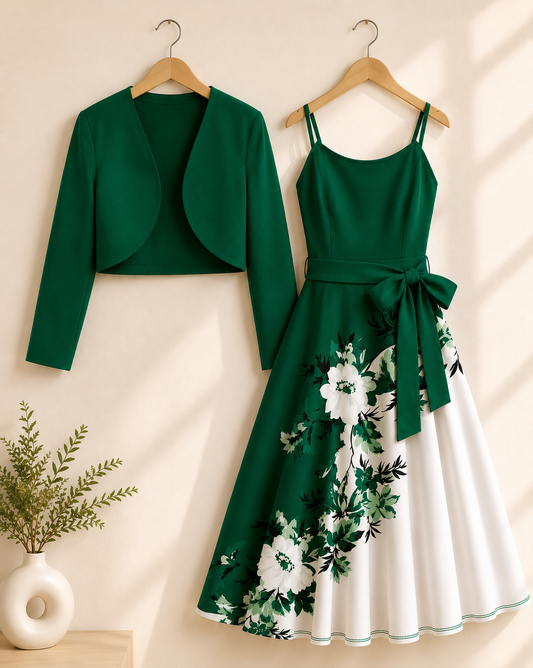 Elara Elegant 2-Piece Women’s Royal Green Cardigan Jacket & Floral Suspender Dress Set