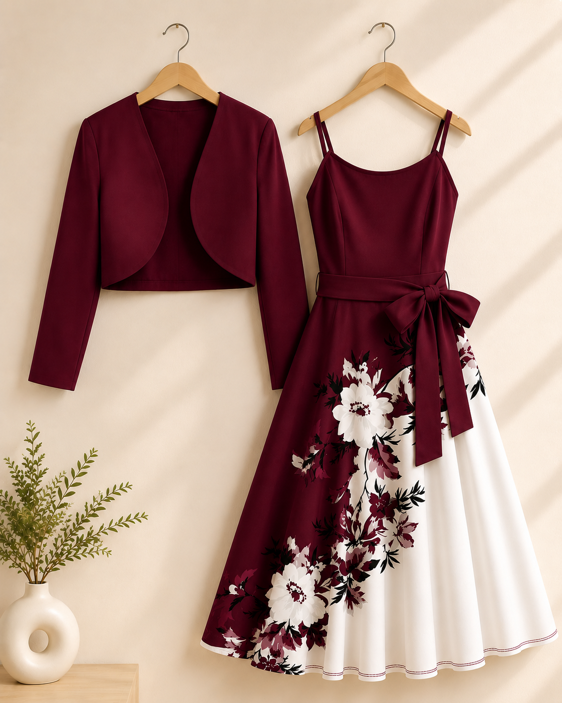 Elara Elegant 2-Piece Women’s Maroon Cardigan Jacket & Floral Suspender Dress Set