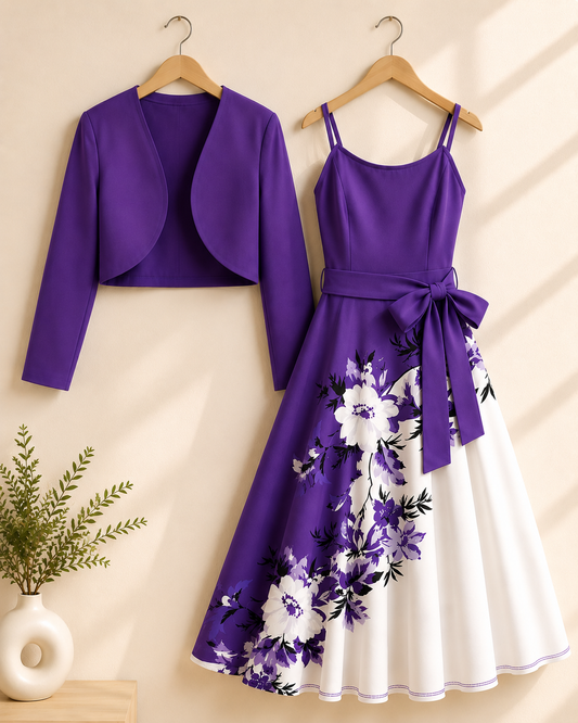 Elara Elegant 2-Piece Women’s Royal Purple Cardigan Jacket & Floral Suspender Dress Set