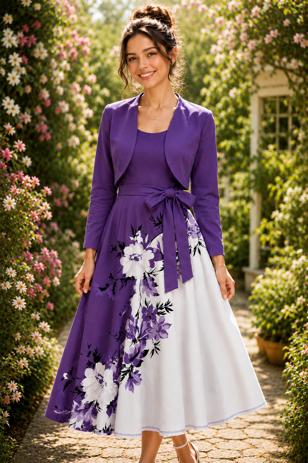 Elara Elegant 2-Piece Women’s Royal Purple Cardigan Jacket & Floral Suspender Dress Set
