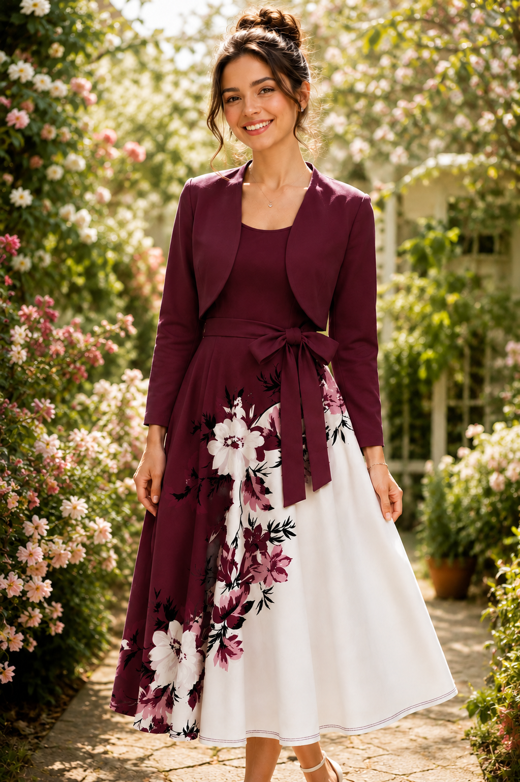 Elara Elegant 2-Piece Women’s Maroon Cardigan Jacket & Floral Suspender Dress Set