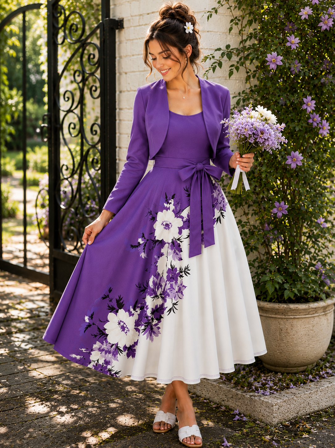 Elara Elegant 2-Piece Women’s Royal Purple Cardigan Jacket & Floral Suspender Dress Set