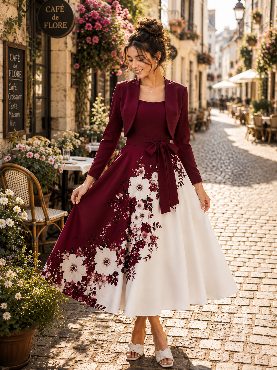 Elara Elegant 2-Piece Women’s Maroon Cardigan Jacket & Floral Suspender Dress Set