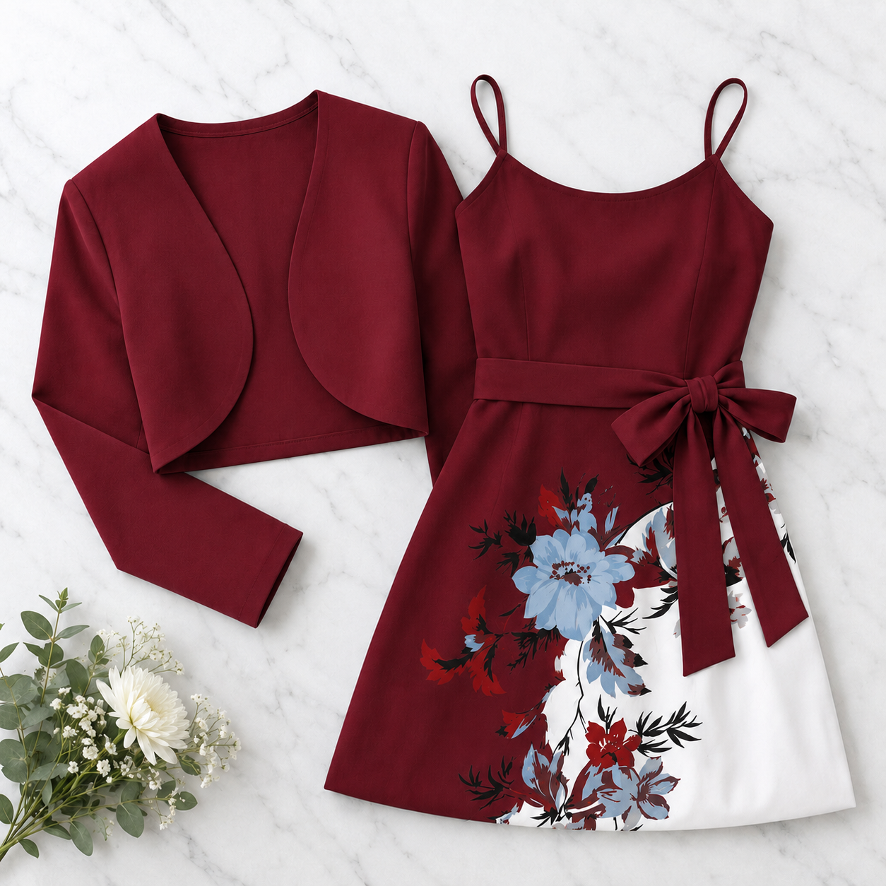 Elara Elegant 2-Piece Women’s Maroon Cardigan Jacket & Floral Suspender Dress Set