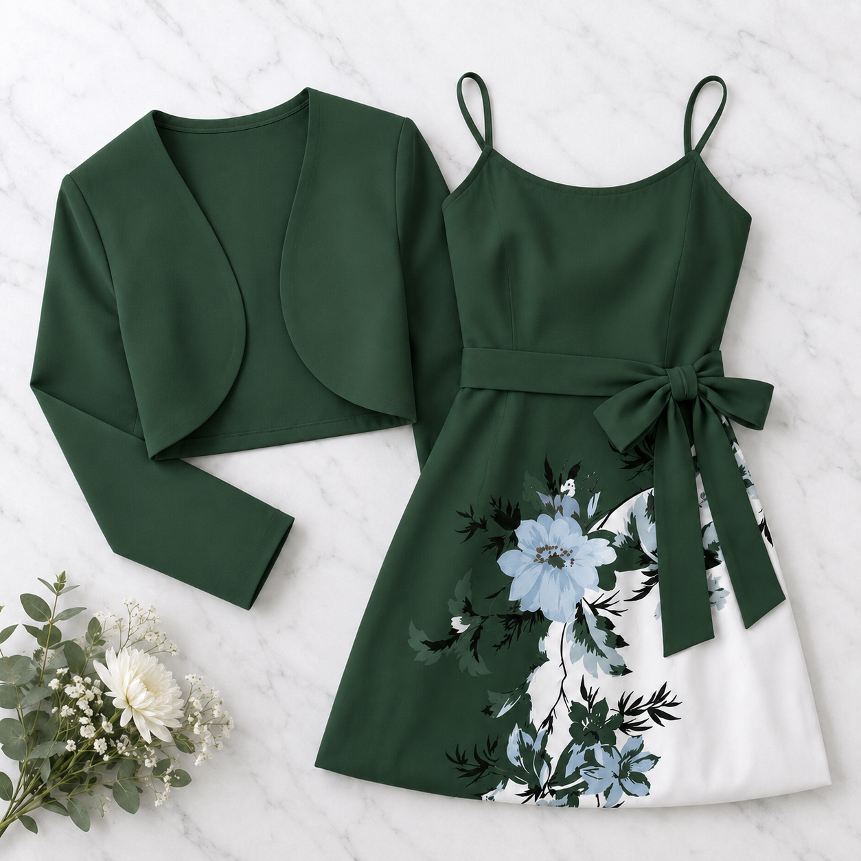 Elara Elegant 2-Piece Women’s Royal Green Cardigan Jacket & Floral Suspender Dress Set