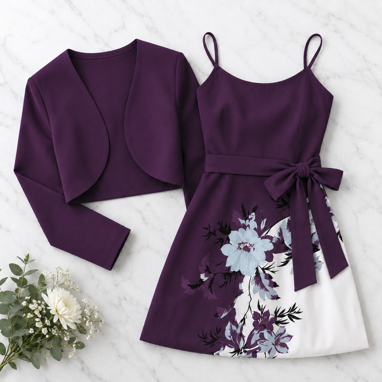 Elara Elegant 2-Piece Women’s Royal Purple Cardigan Jacket & Floral Suspender Dress Set