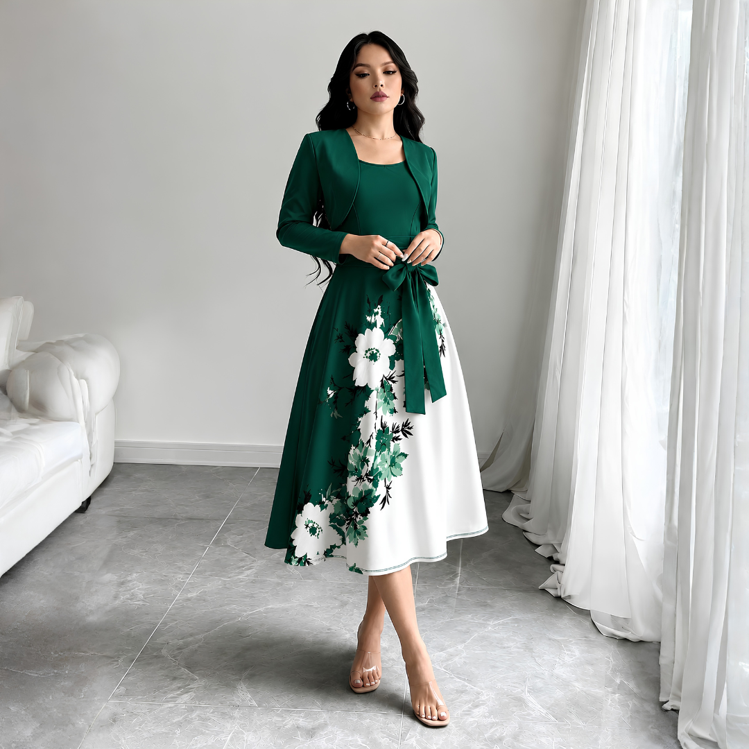 Elara Elegant 2-Piece Women’s Royal Green Cardigan Jacket & Floral Suspender Dress Set