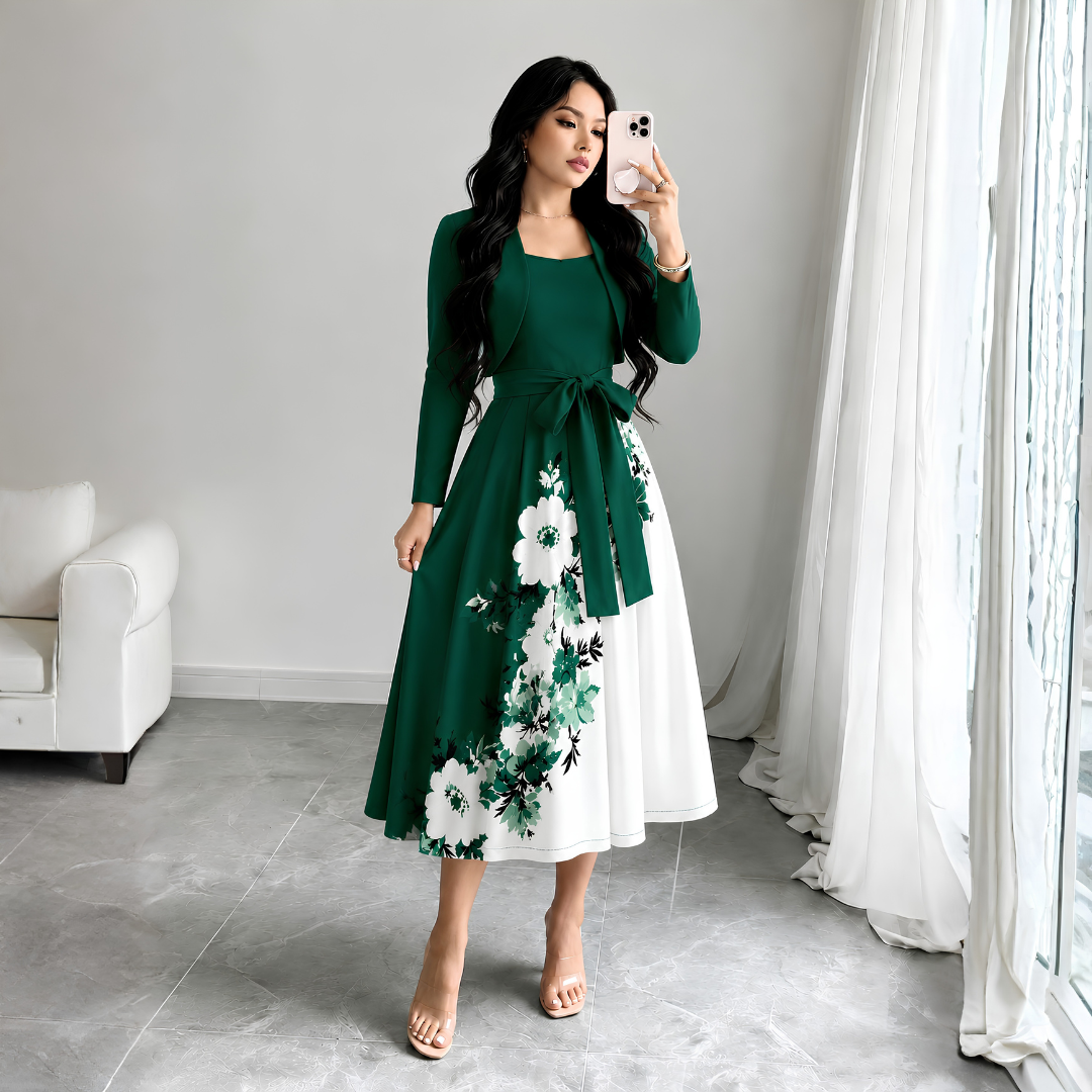Elara Elegant 2-Piece Women’s Royal Green Cardigan Jacket & Floral Suspender Dress Set