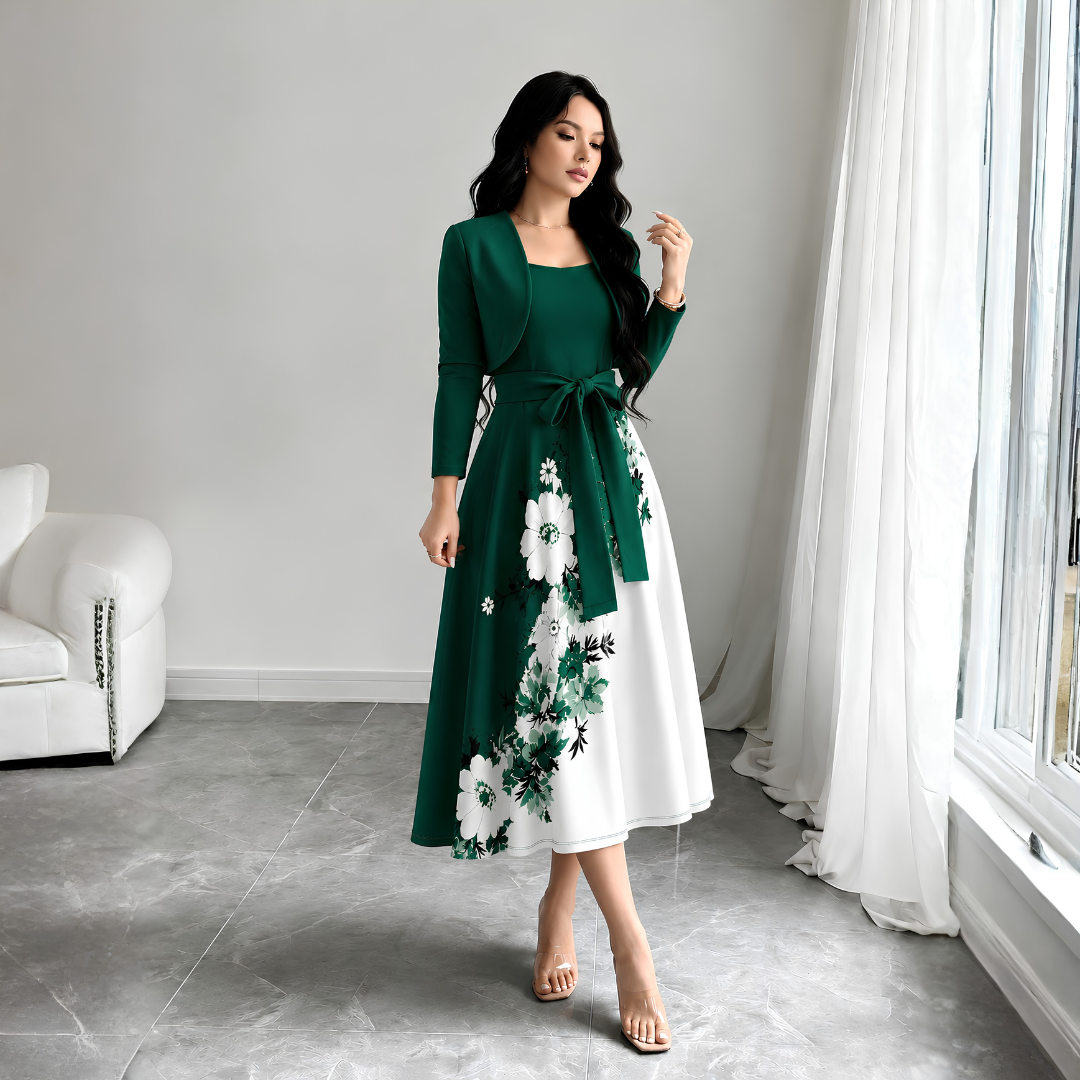 Elara Elegant 2-Piece Women’s Royal Green Cardigan Jacket & Floral Suspender Dress Set
