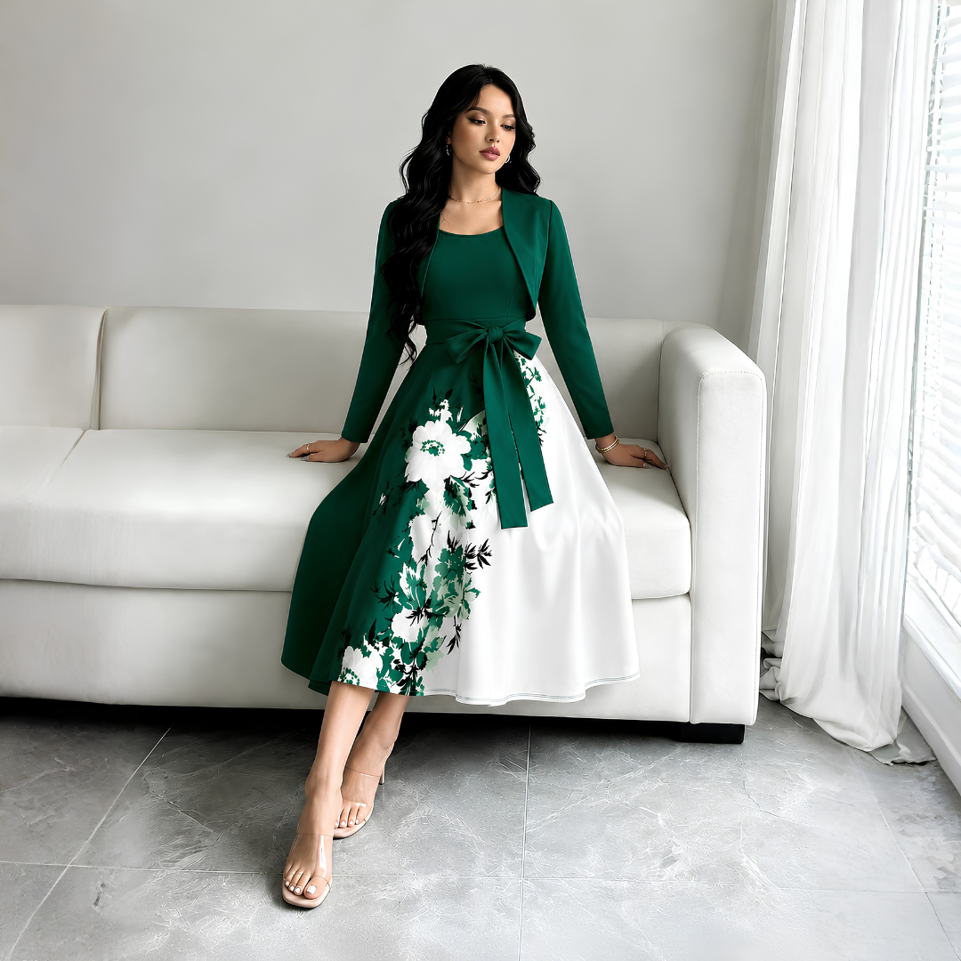 Elara Elegant 2-Piece Women’s Royal Green Cardigan Jacket & Floral Suspender Dress Set
