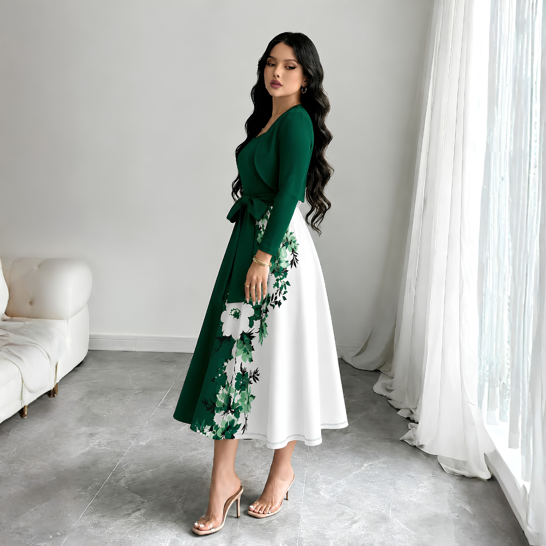 Elara Elegant 2-Piece Women’s Royal Green Cardigan Jacket & Floral Suspender Dress Set