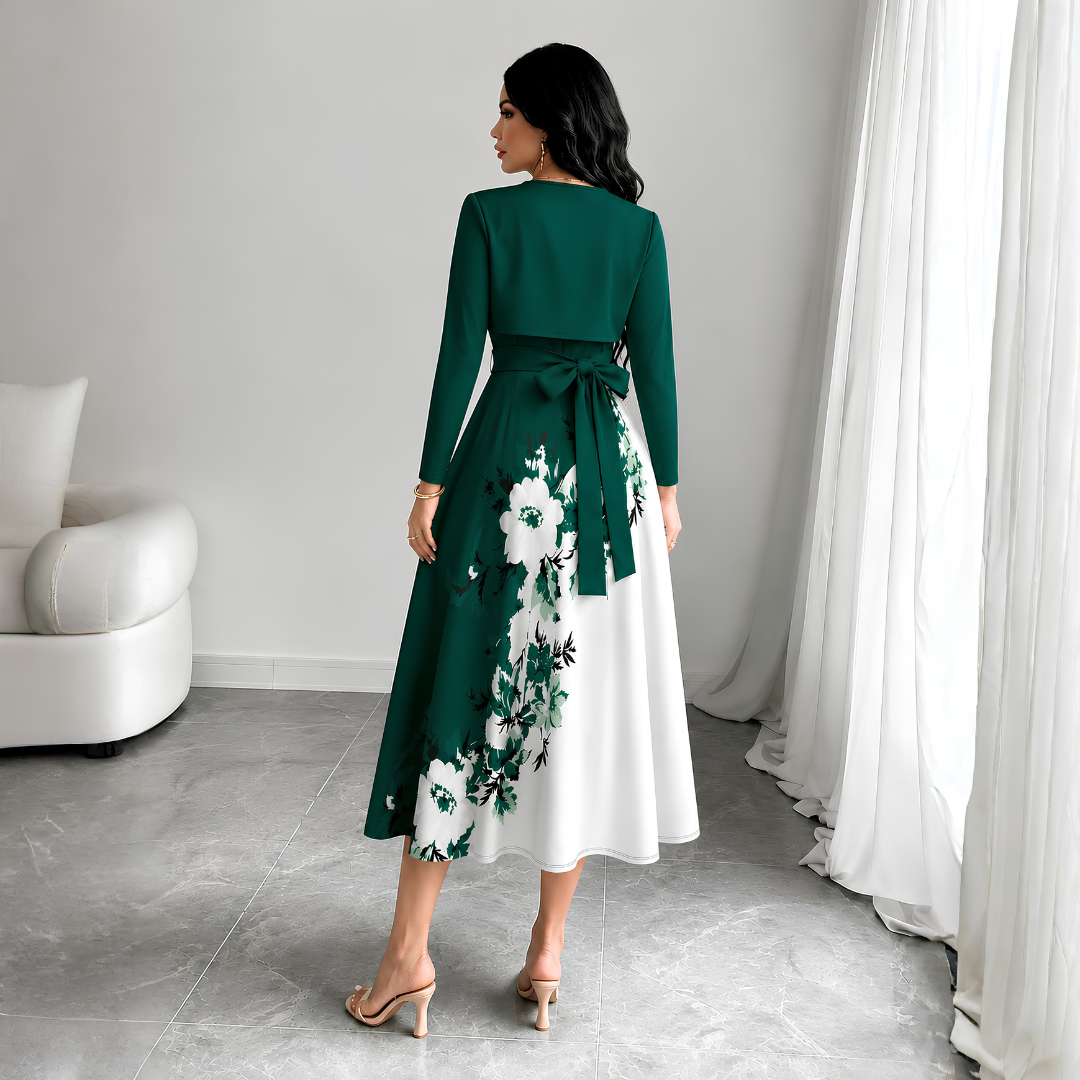 Elara Elegant 2-Piece Women’s Royal Green Cardigan Jacket & Floral Suspender Dress Set