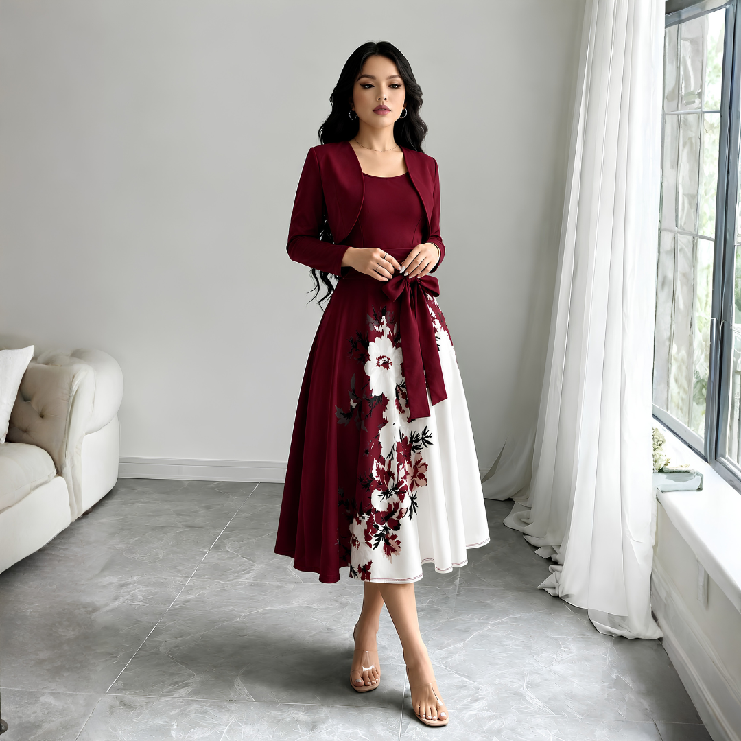 Elara Elegant 2-Piece Women’s Maroon Cardigan Jacket & Floral Suspender Dress Set