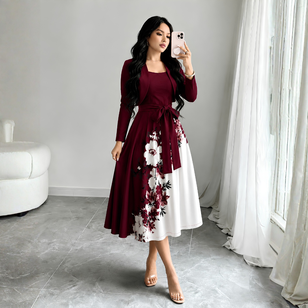 Elara Elegant 2-Piece Women’s Maroon Cardigan Jacket & Floral Suspender Dress Set