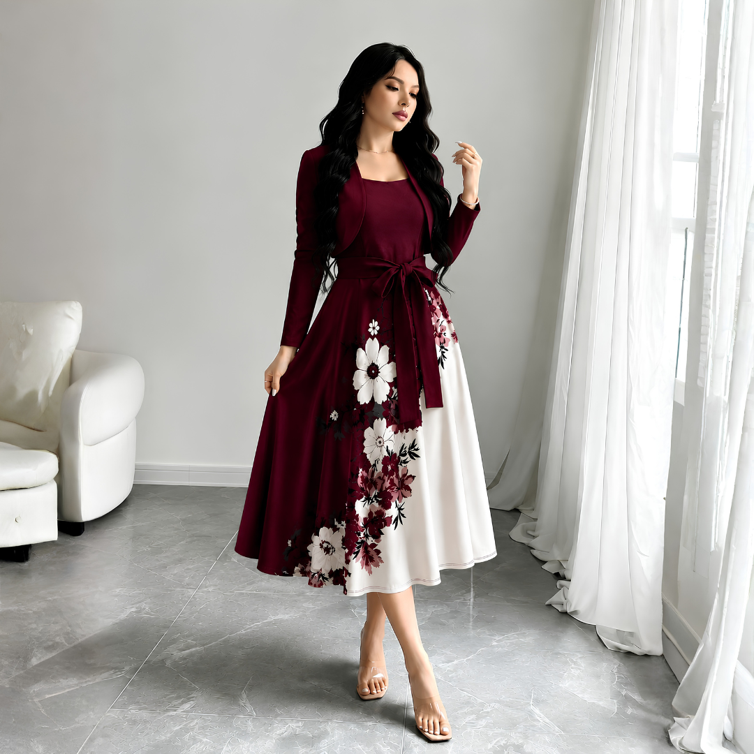 Elara Elegant 2-Piece Women’s Maroon Cardigan Jacket & Floral Suspender Dress Set