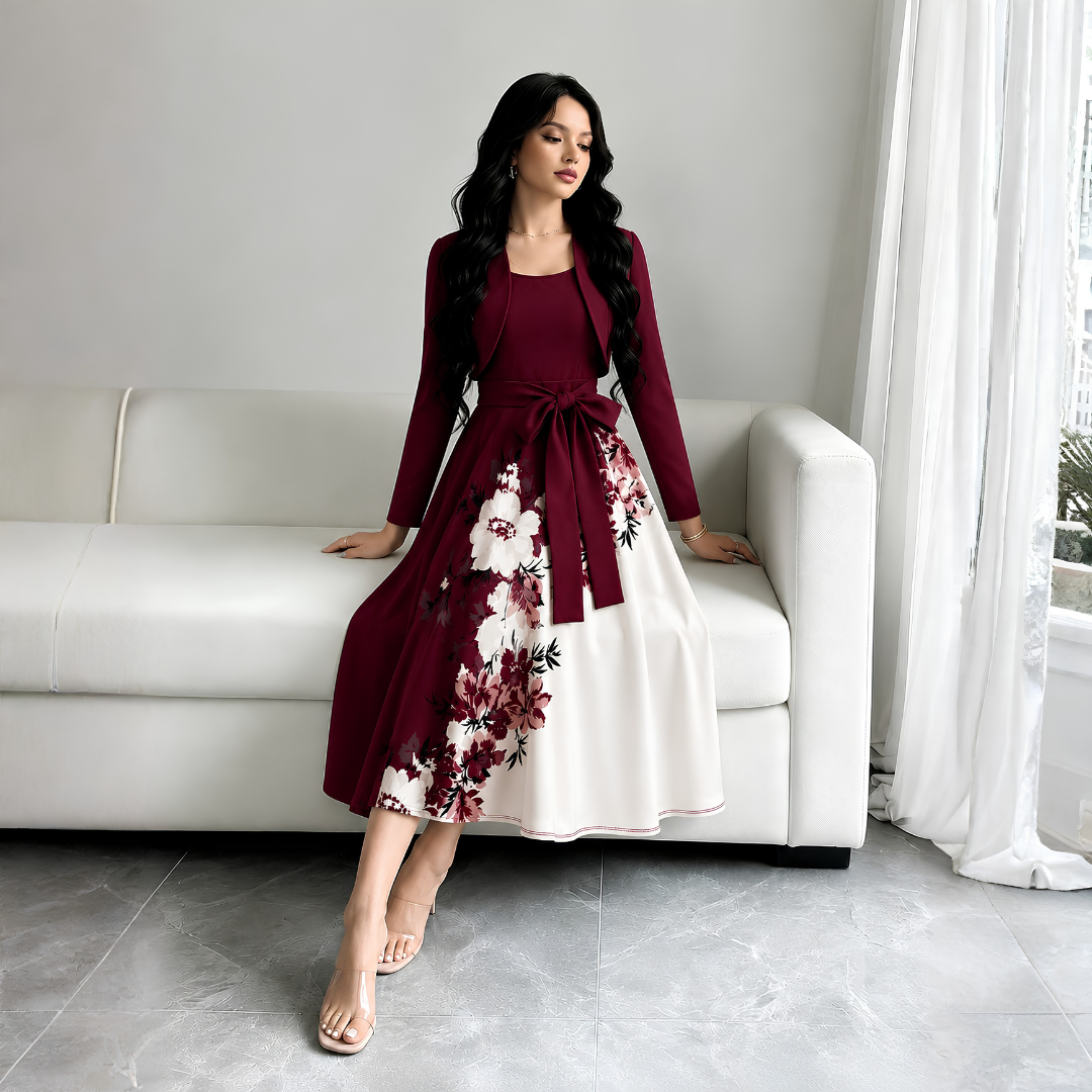 Elara Elegant 2-Piece Women’s Maroon Cardigan Jacket & Floral Suspender Dress Set