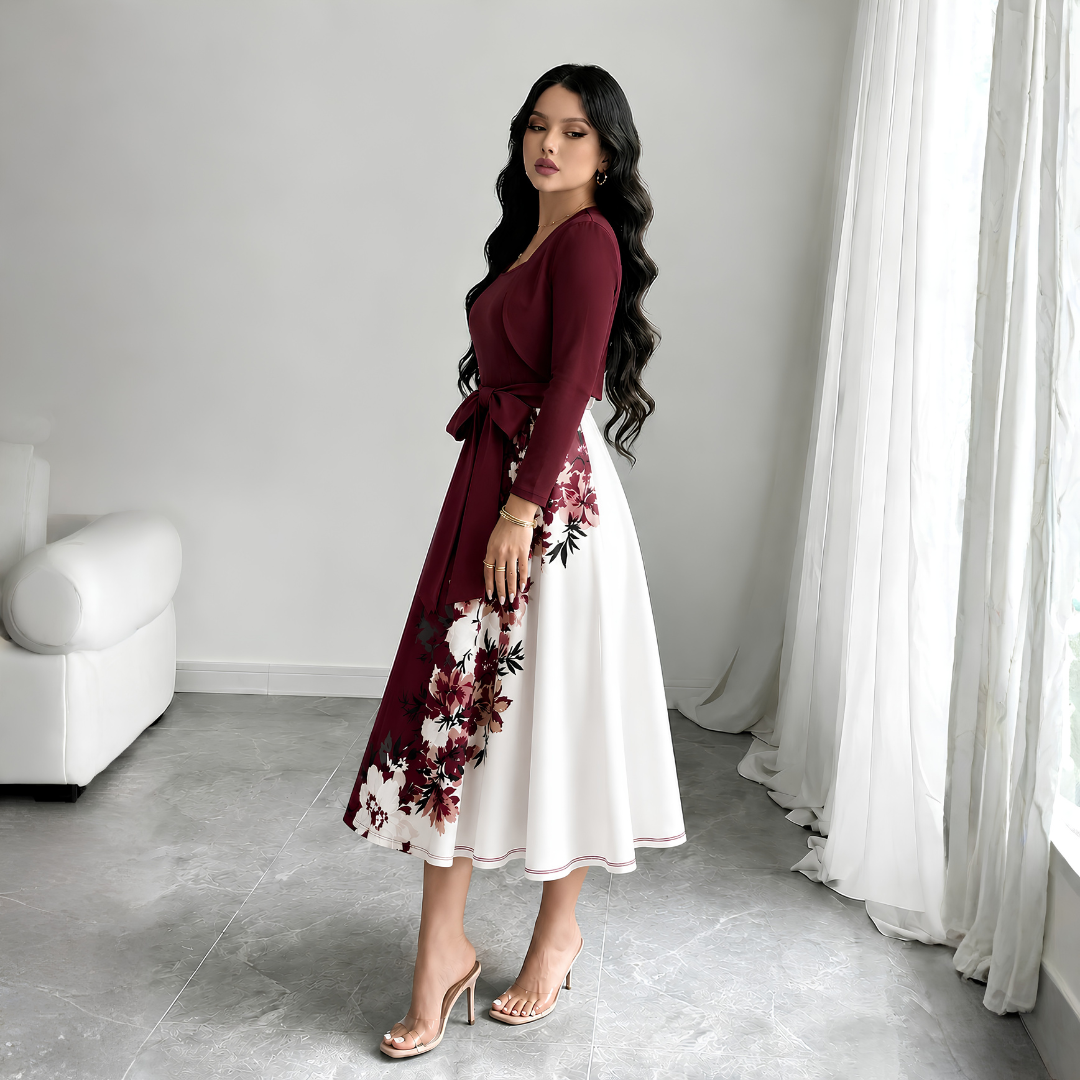 Elara Elegant 2-Piece Women’s Maroon Cardigan Jacket & Floral Suspender Dress Set