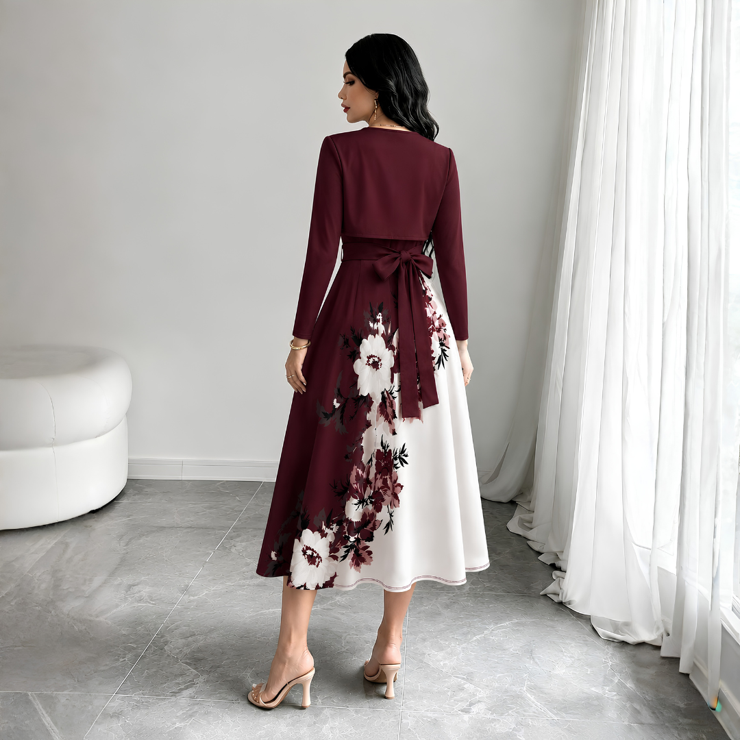 Elara Elegant 2-Piece Women’s Maroon Cardigan Jacket & Floral Suspender Dress Set
