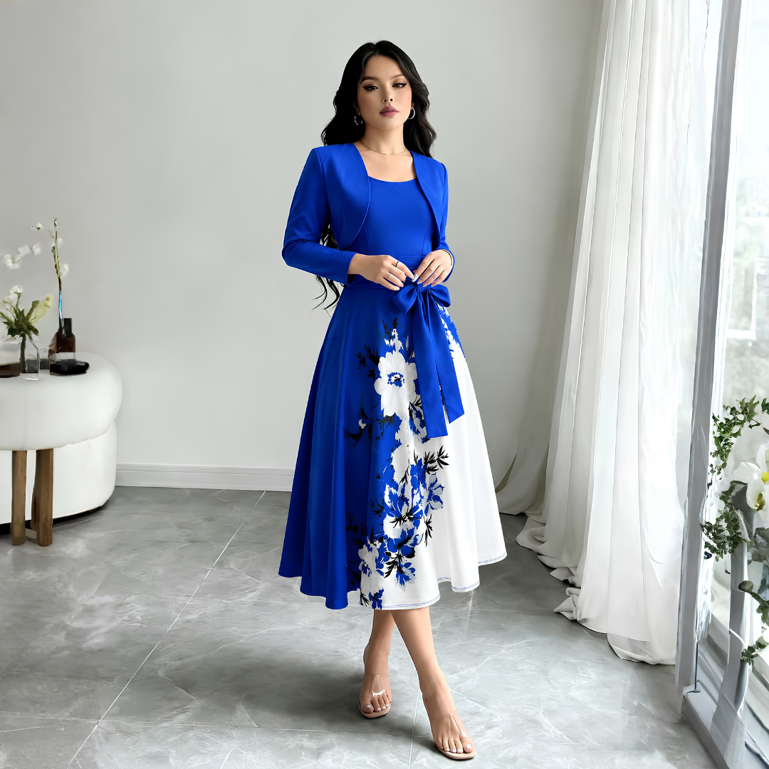 Elara Elegant 2-Piece Women’s Royal Blue Cardigan Jacket & Floral Suspender Dress Set