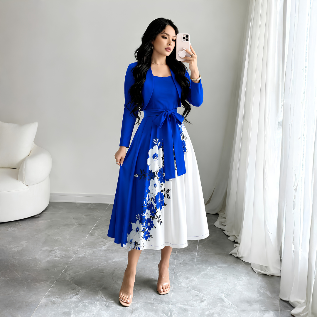 Elara Elegant 2-Piece Women’s Royal Blue Cardigan Jacket & Floral Suspender Dress Set