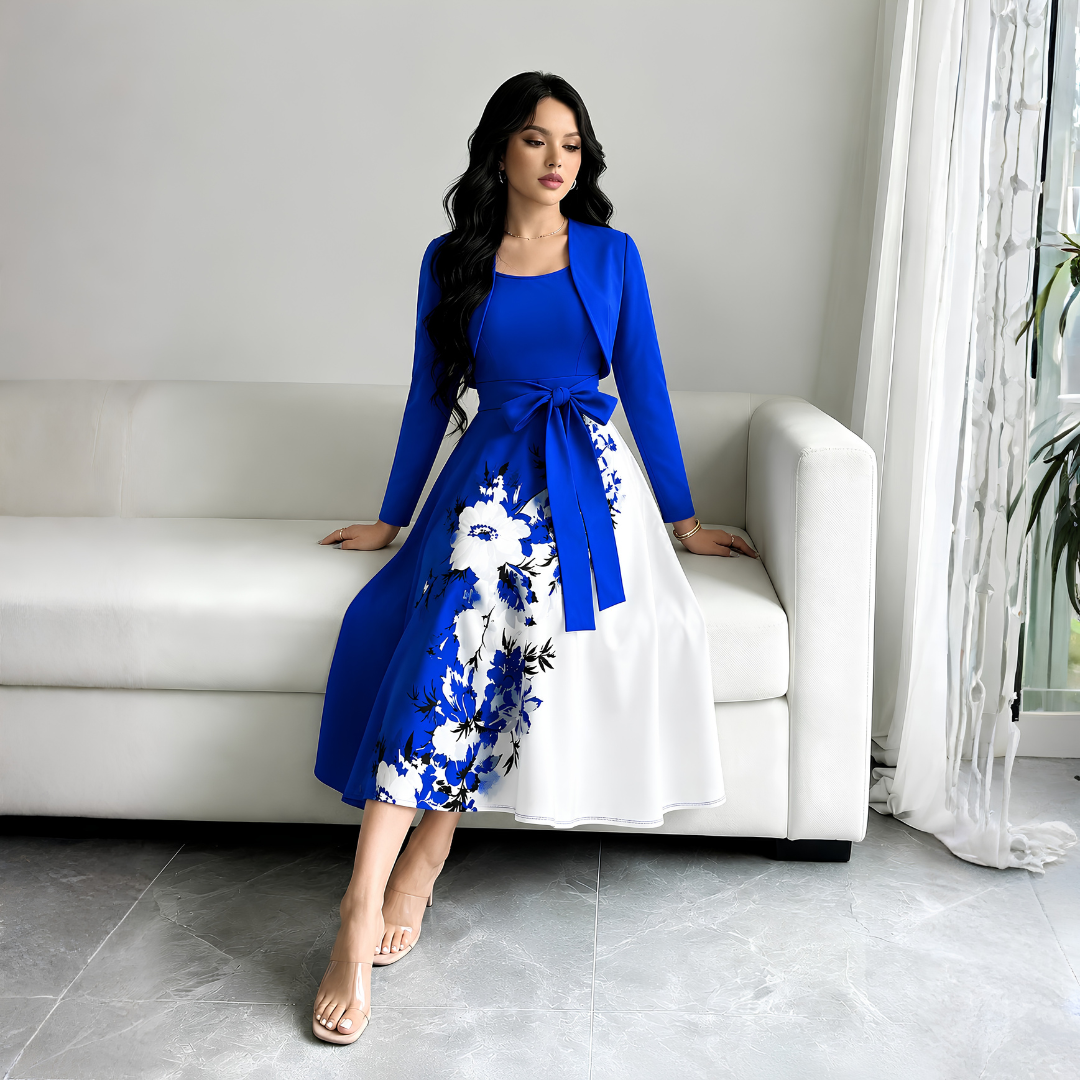 Elara Elegant 2-Piece Women’s Royal Blue Cardigan Jacket & Floral Suspender Dress Set