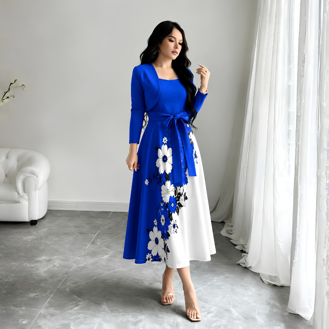 Elara Elegant 2-Piece Women’s Royal Blue Cardigan Jacket & Floral Suspender Dress Set