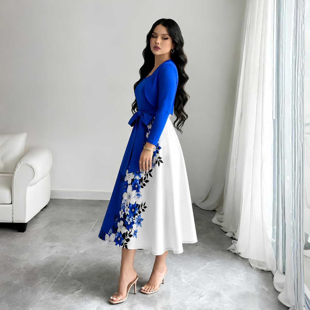 Elara Elegant 2-Piece Women’s Royal Blue Cardigan Jacket & Floral Suspender Dress Set
