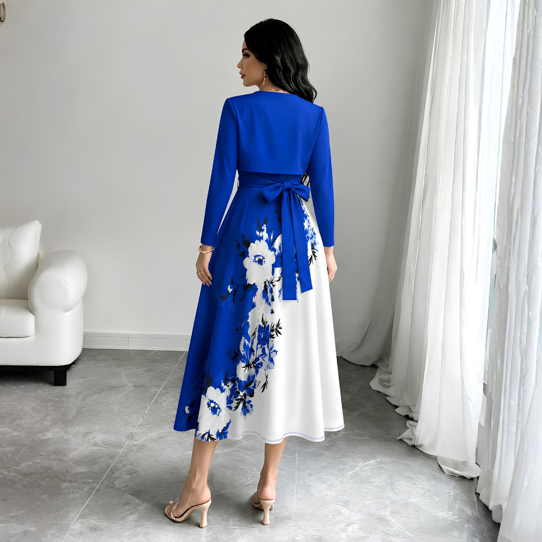 Elara Elegant 2-Piece Women’s Royal Blue Cardigan Jacket & Floral Suspender Dress Set