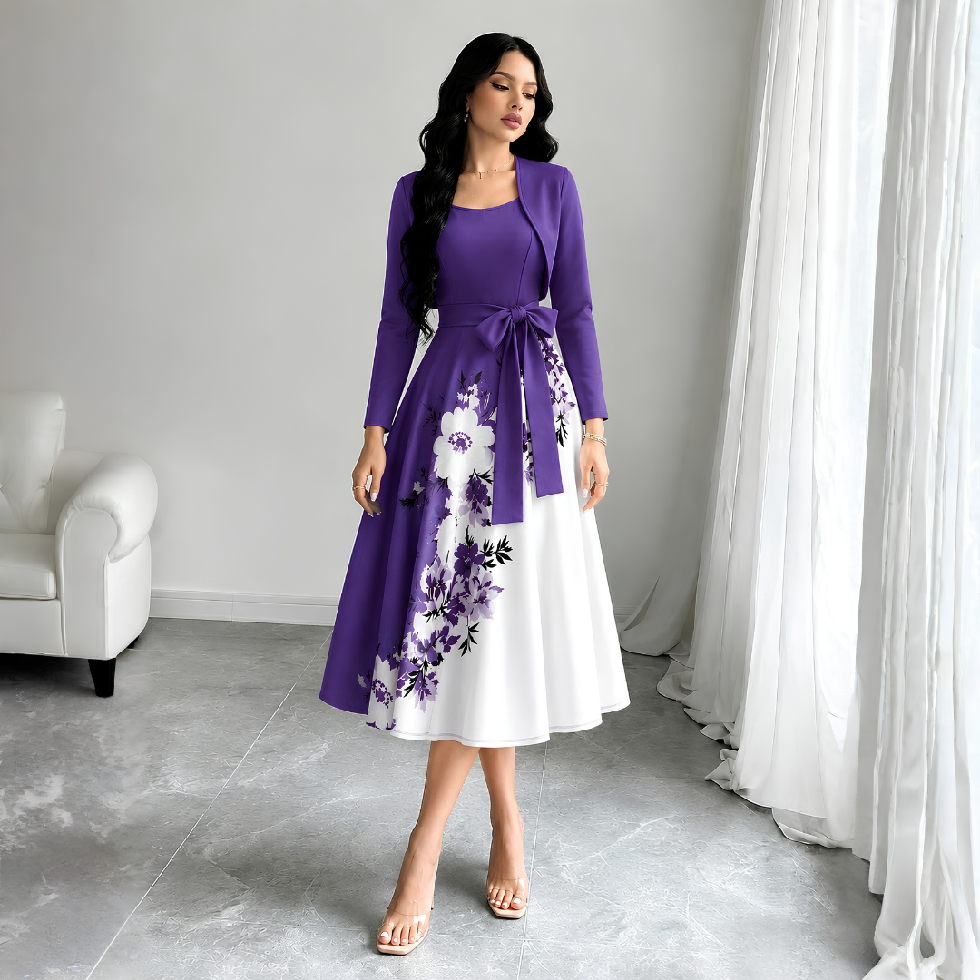 Elara Elegant 2-Piece Women’s Royal Purple Cardigan Jacket & Floral Suspender Dress Set