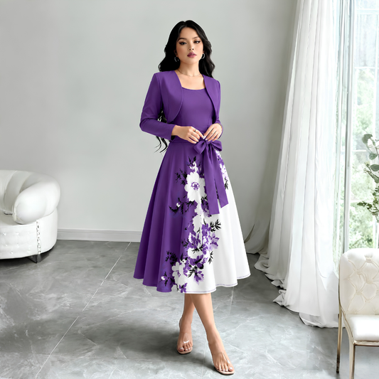 Elara Elegant 2-Piece Women’s Royal Purple Cardigan Jacket & Floral Suspender Dress Set