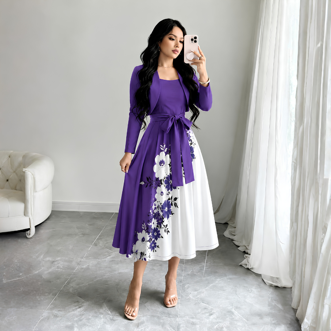 Elara Elegant 2-Piece Women’s Royal Purple Cardigan Jacket & Floral Suspender Dress Set