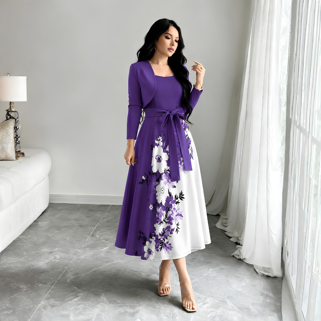 Elara Elegant 2-Piece Women’s Royal Purple Cardigan Jacket & Floral Suspender Dress Set