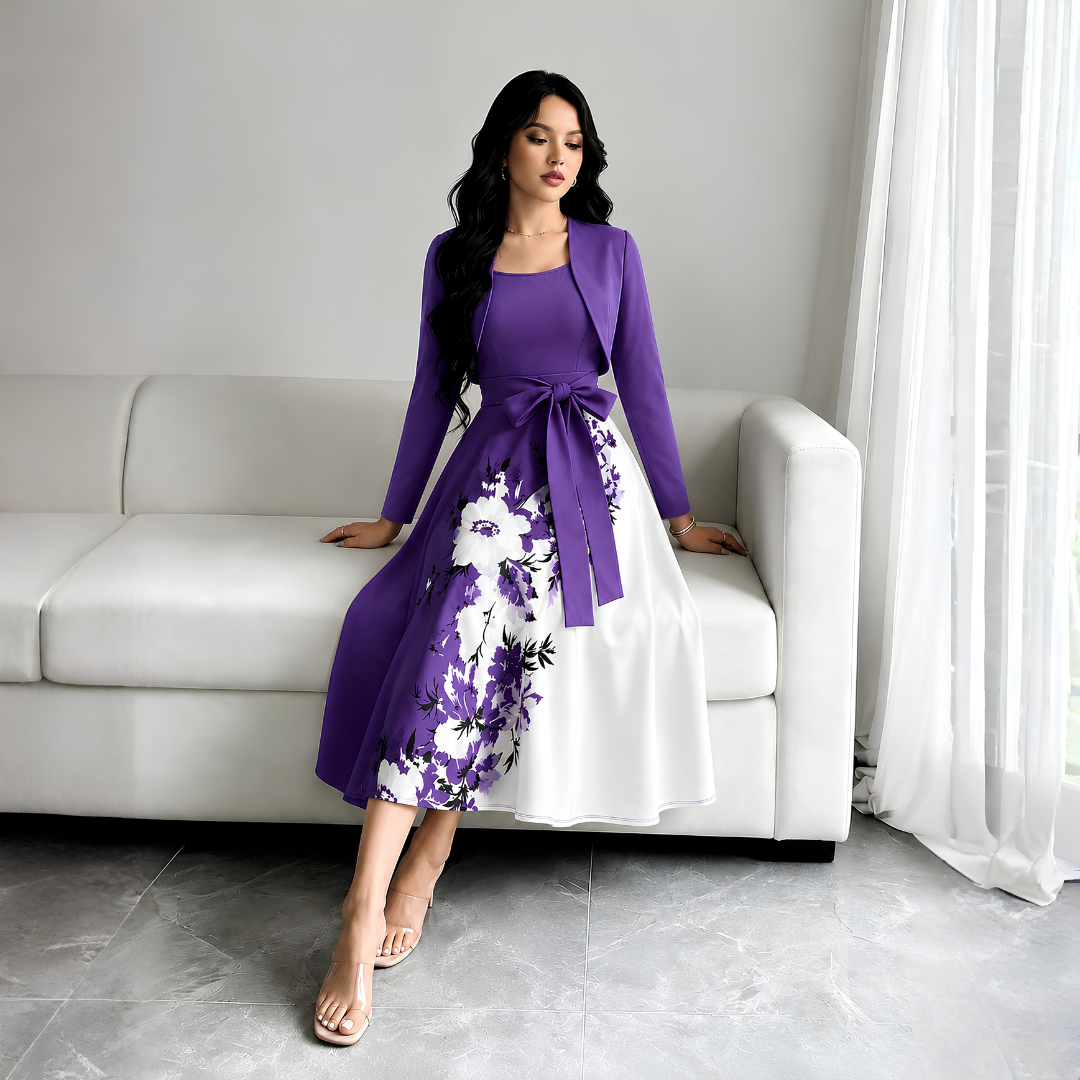 Elara Elegant 2-Piece Women’s Royal Purple Cardigan Jacket & Floral Suspender Dress Set