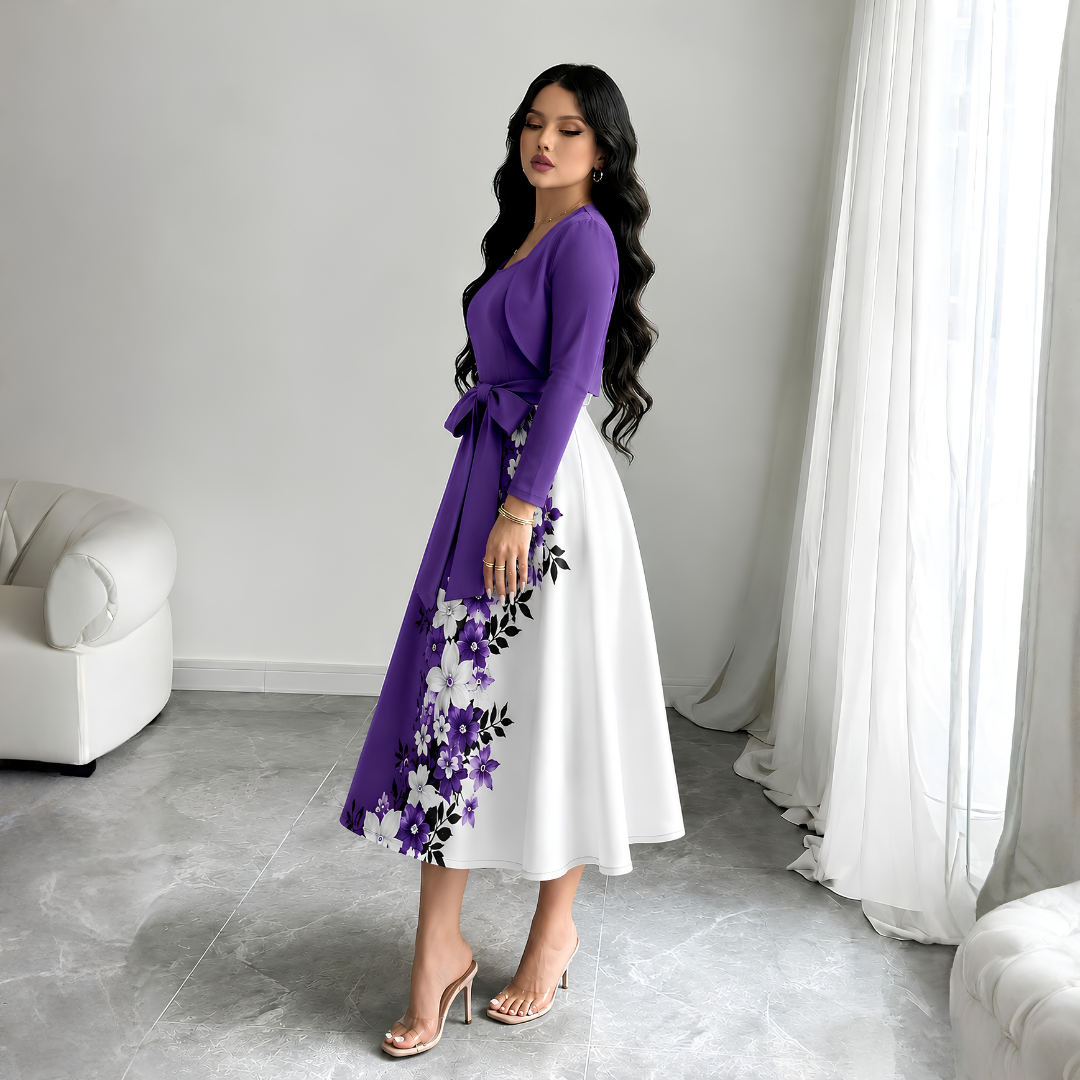 Elara Elegant 2-Piece Women’s Royal Purple Cardigan Jacket & Floral Suspender Dress Set
