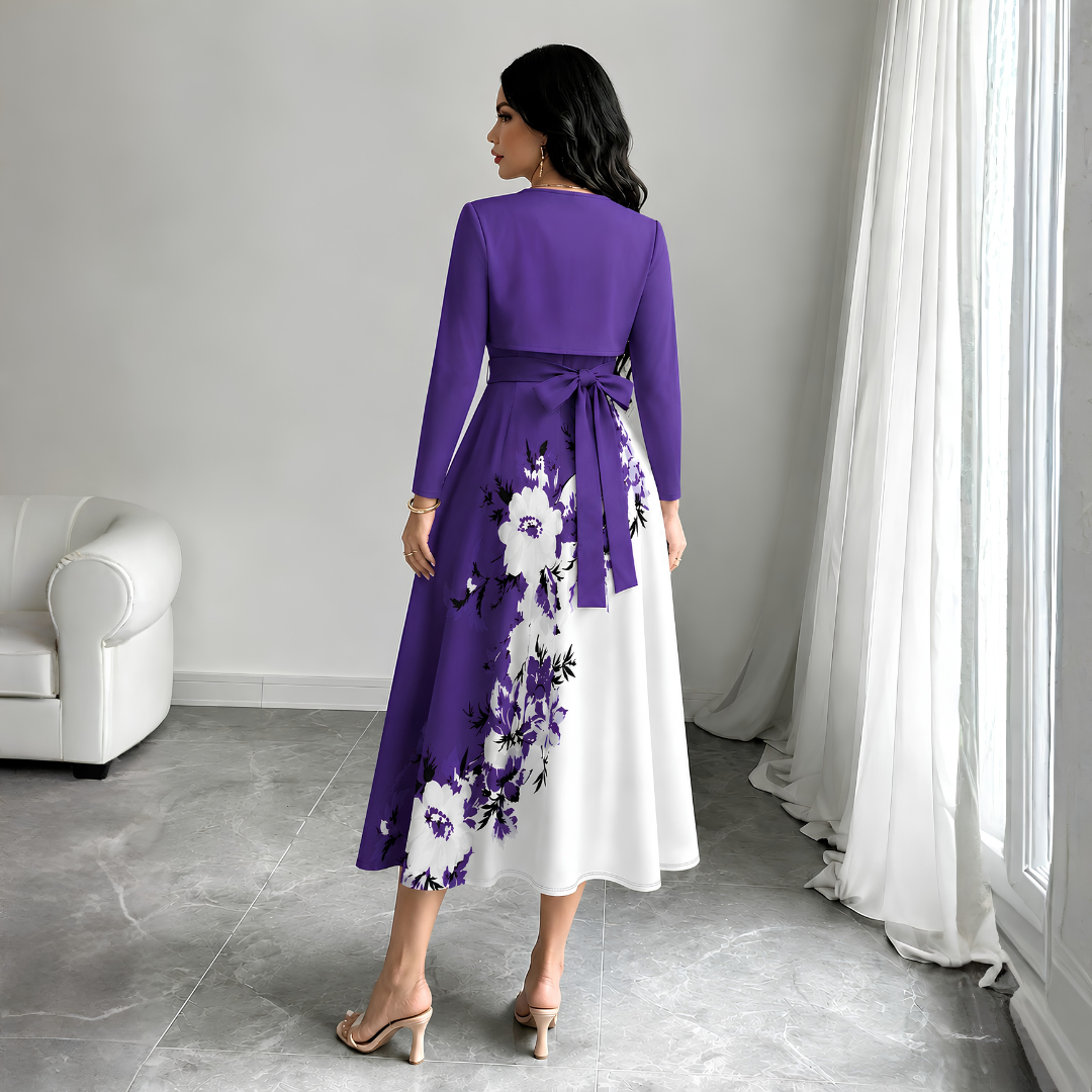 Elara Elegant 2-Piece Women’s Royal Purple Cardigan Jacket & Floral Suspender Dress Set