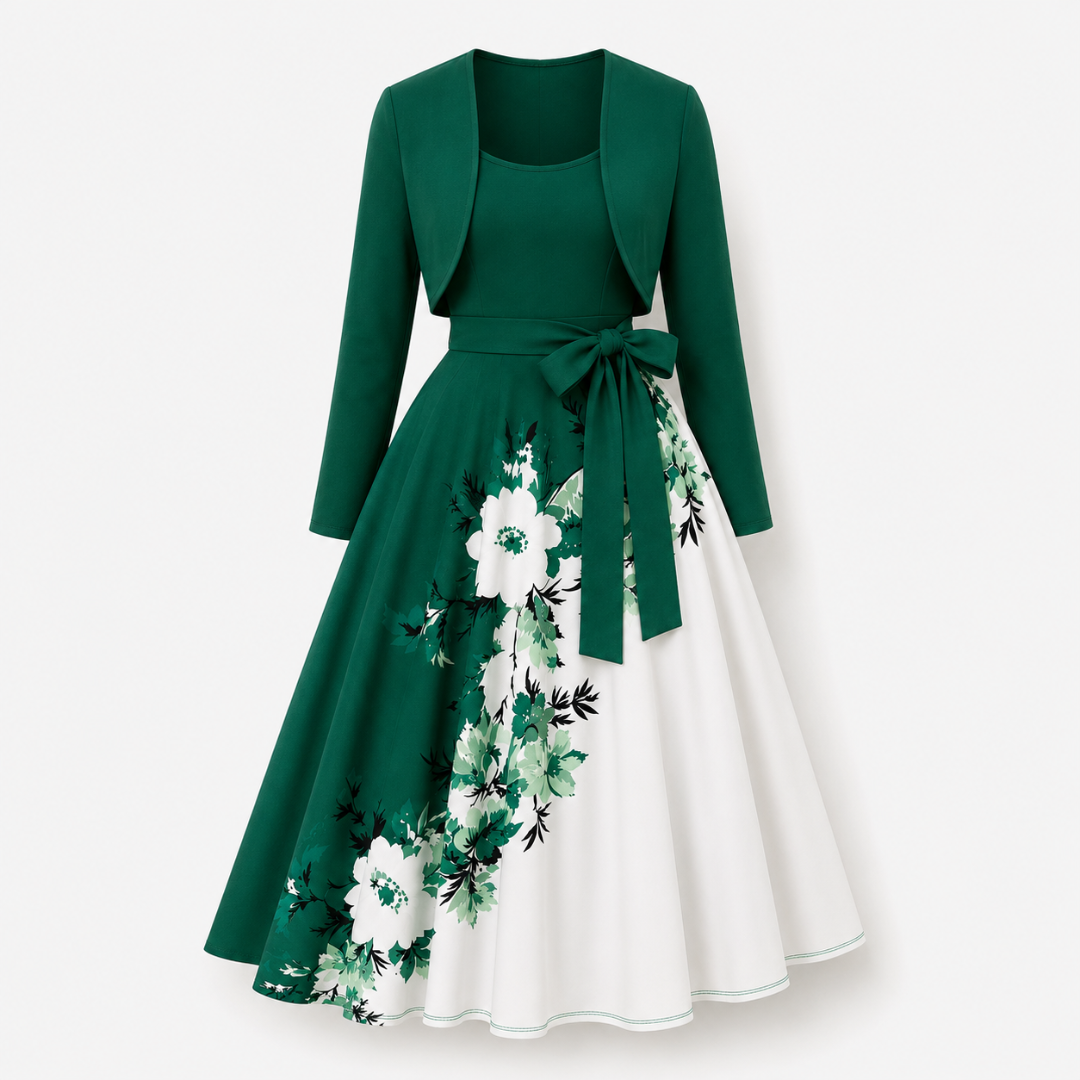 Elara Elegant 2-Piece Women’s Royal Green Cardigan Jacket & Floral Suspender Dress Set