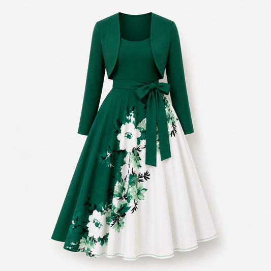 Elara Elegant 2-Piece Women’s Royal Green Cardigan Jacket & Floral Suspender Dress Set