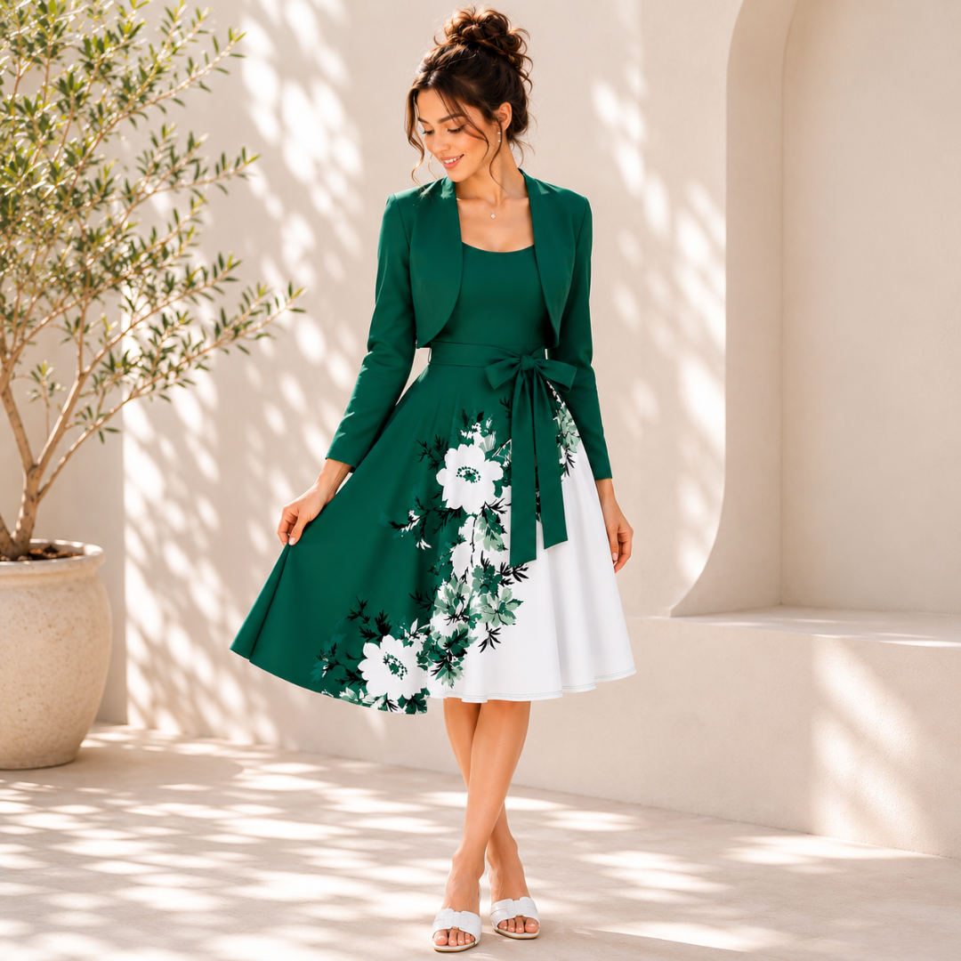Elara Elegant 2-Piece Women’s Royal Green Cardigan Jacket & Floral Suspender Dress Set