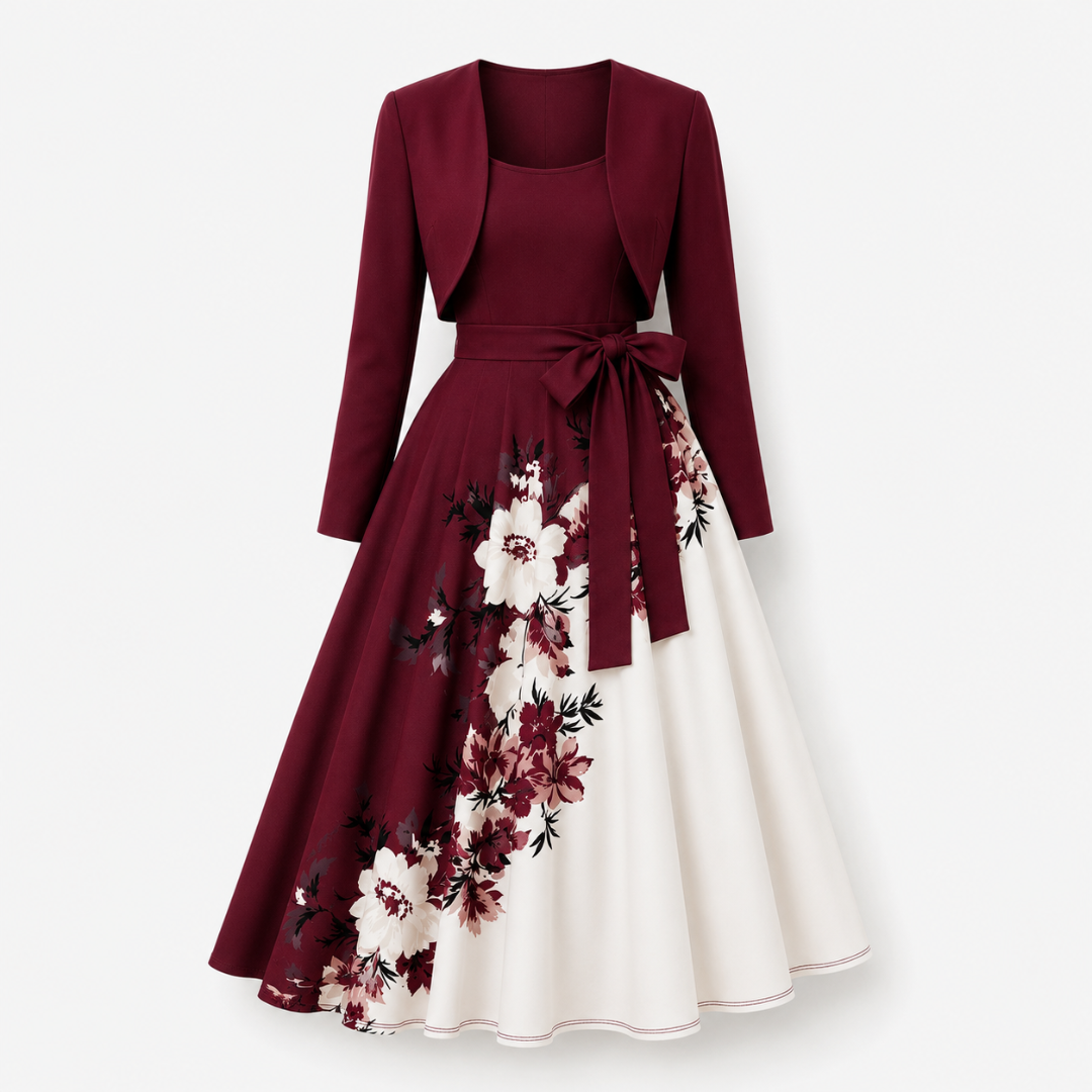 Elara Elegant 2-Piece Women’s Maroon Cardigan Jacket & Floral Suspender Dress Set