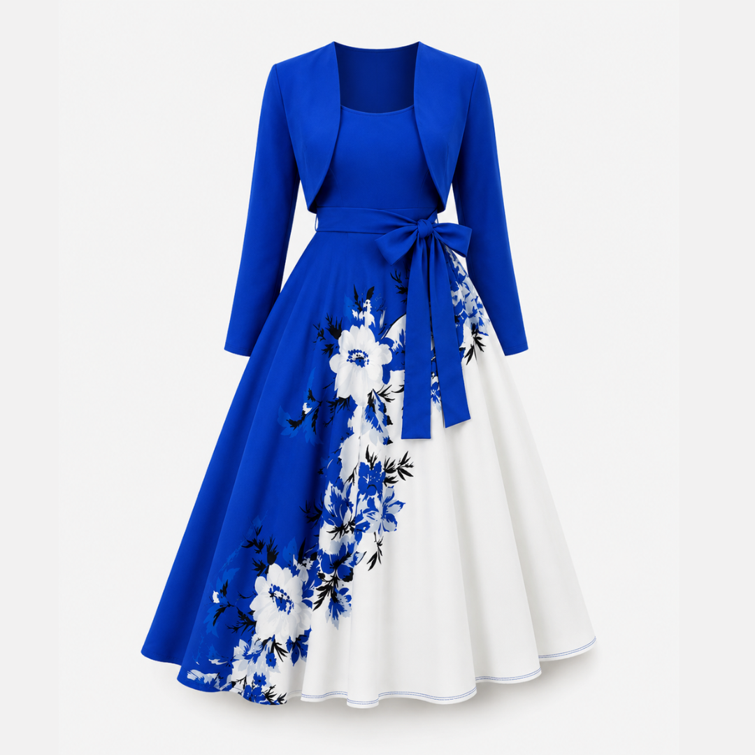 Elara Elegant 2-Piece Women’s Royal Blue Cardigan Jacket & Floral Suspender Dress Set