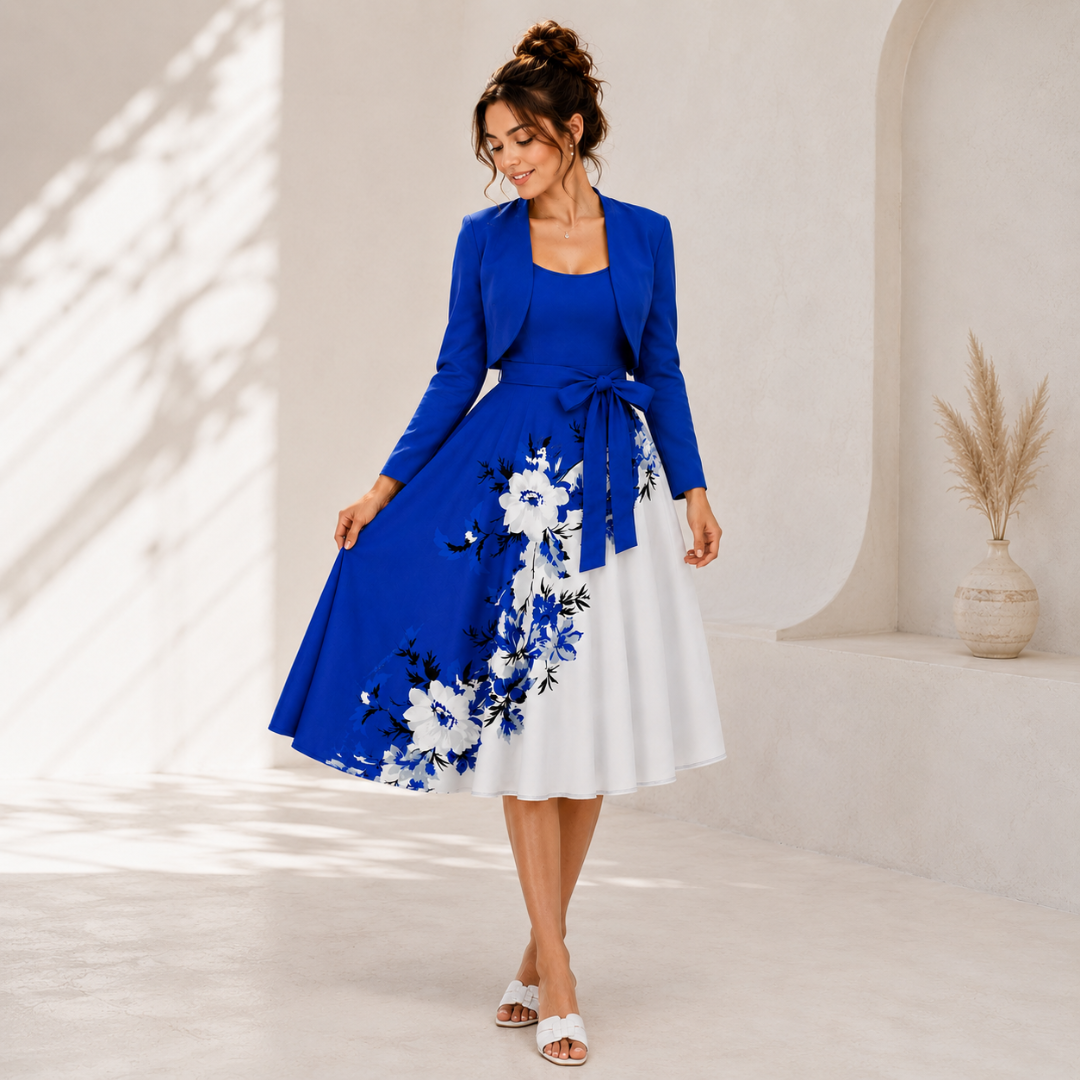 Elara Elegant 2-Piece Women’s Royal Blue Cardigan Jacket & Floral Suspender Dress Set