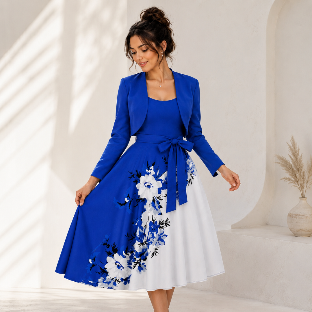 Elara Elegant 2-Piece Women’s Royal Blue Cardigan Jacket & Floral Suspender Dress Set