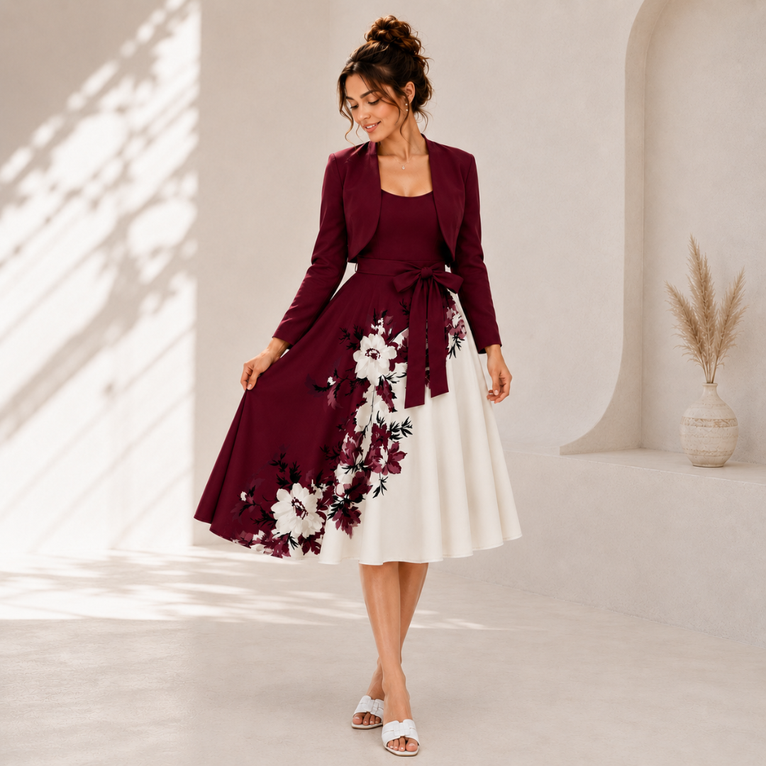 Elara Elegant 2-Piece Women’s Maroon Cardigan Jacket & Floral Suspender Dress Set