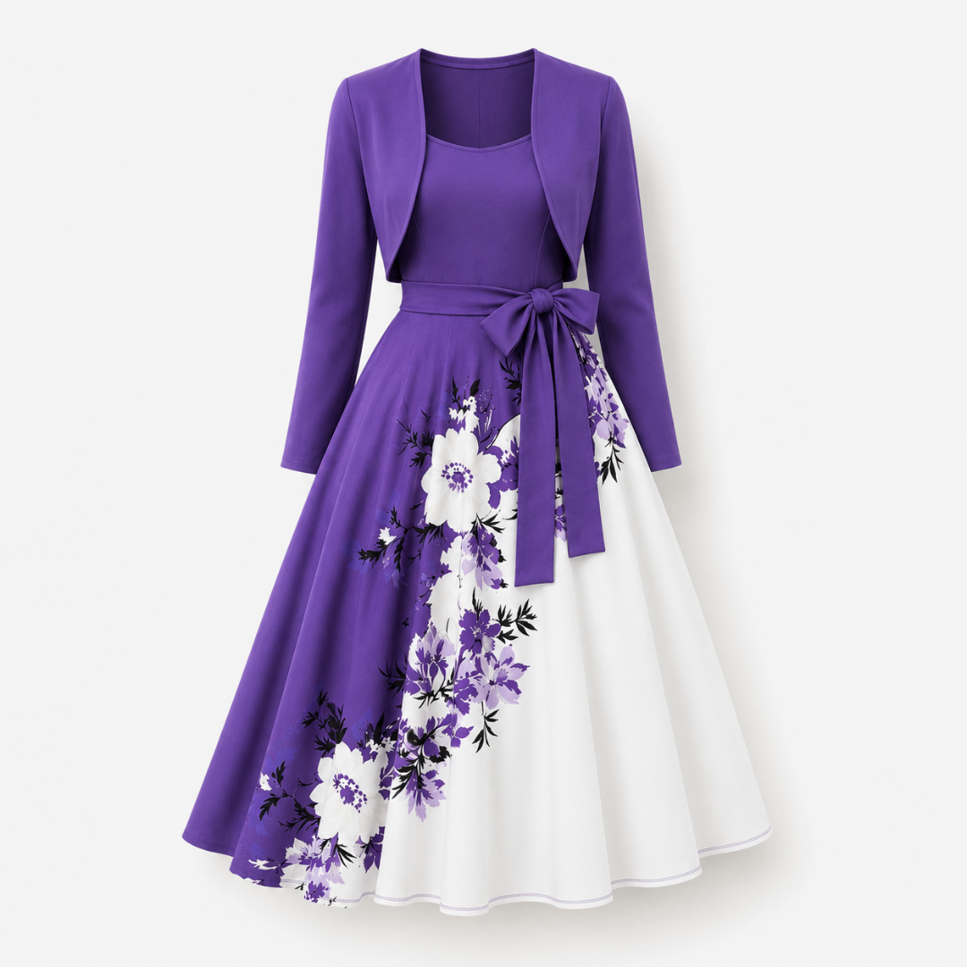 Elara Elegant 2-Piece Women’s Royal Purple Cardigan Jacket & Floral Suspender Dress Set