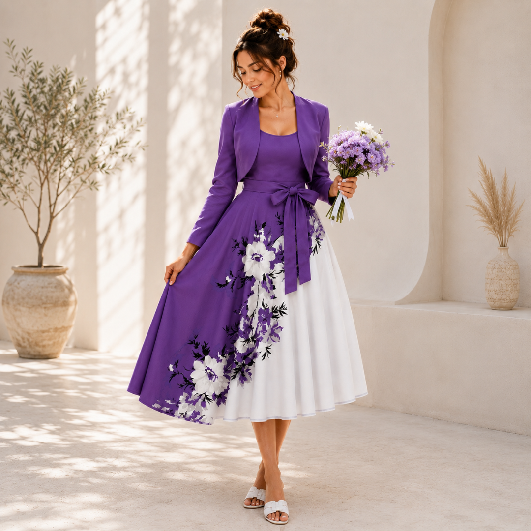 Elara Elegant 2-Piece Women’s Royal Purple Cardigan Jacket & Floral Suspender Dress Set