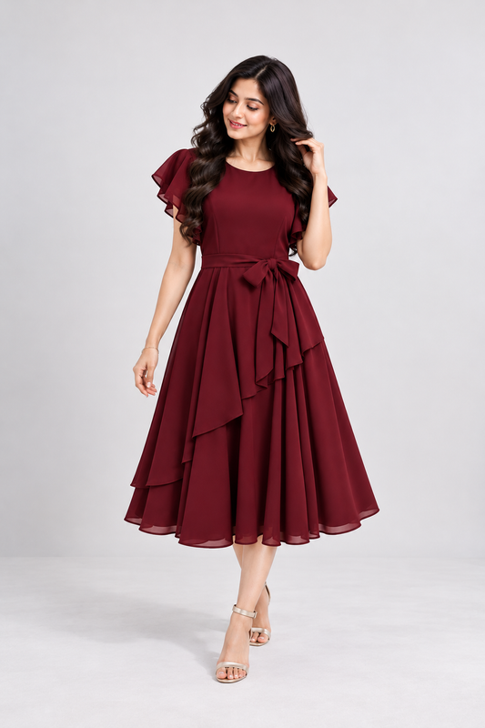 Elara Elegant 1-Piece Women’s Tiered Flare A-Line Midi Dress (Wine Color)